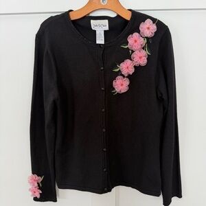 VTG Carly St. Claire Sweater Black Cardigan Pink Flowers Coquette Cottagecore  M